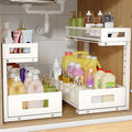 2 Pack 17IN Depth Under Sink Storage Organizer, Large 2-Tier Elegant Mesh Pull Out Shelf for Kitchen and Bathroom Cabinet Organization, L-Shaped and Adjustable Height Design-White