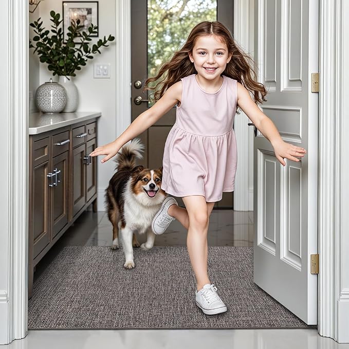 LUMI Ultra Thin Door Mat for Entryway, 32"x48" Low Profile Non Slip Rubber Backing Indoor Doormat, Easy Clean Welcome Entrance Mat for Inside House, Patio, Brown