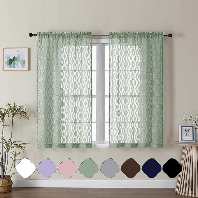 Aiyufeng Sage Green Curtains 45 Inch Length 2 Panels Set, Farmhouse Clip Jacquard Textured Short Sheer Curtains, Lightweight Chic Wavy Line Window Curtain Panels for Bedroom, 40" Wx45 L Inches