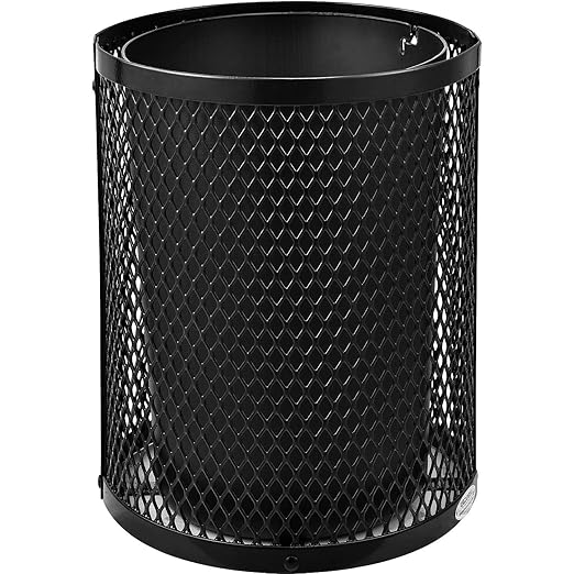 Global Industrial Outdoor Diamond Steel Trash Can with Flat Lid and Plastic Liner, 36 Gallon Capacity, Black, Thermoplastic Coating, 23-1/2" Diameter, 30" H