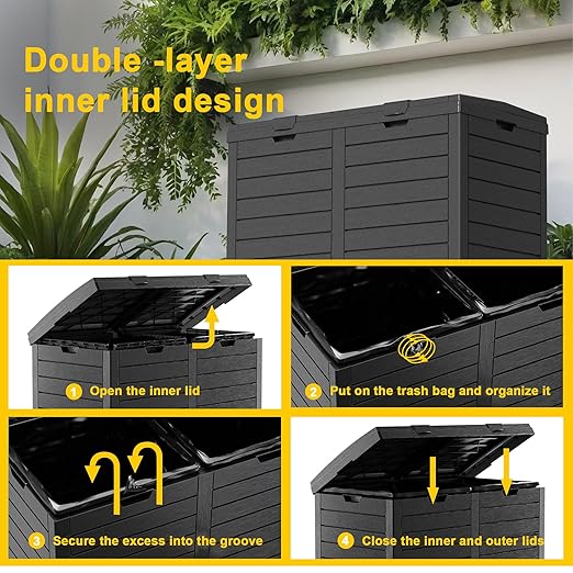62 Gallon Outdoor Trash Can with Tiered Lid and Drip Tray,Waterproof Resin Waste Bin Indoor,Durable,Stylish,Lightweight Garbage Bin for Patio,Kitchen,Backyard and Office(Black)
