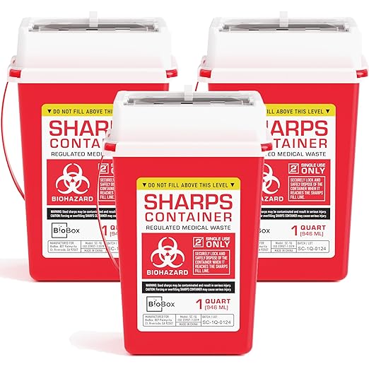 Sharps Container Large - Sharps Containers for Home Use and Labs - Portable Needle Disposal and Travel Size Biohazard Bin - 1 Quart (Pack of 3)