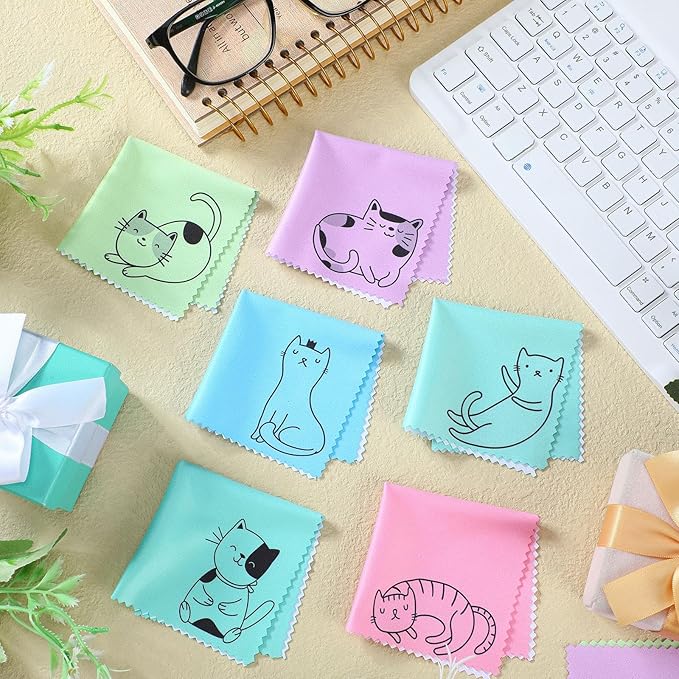 Sinmoe 20 Pcs Microfiber Cleaning Cloth Cute Kitty Cat Design Microfiber Cloth Gift Soft Multicolor Glasses Cleaner for Eyeglasses Camera Lens Cell Phone Screens Glasses, 6 x 6 Inches
