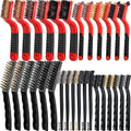 Sumind 30 Pcs Wire Cleaning Brush Set Nylon/ Stainless Steel/ Brass Metal Brush with Curved Handle Grip Paint Remover for Cleaning, Rust, Drill, Scrub, Grout Cleaner Tool (Red and Black)