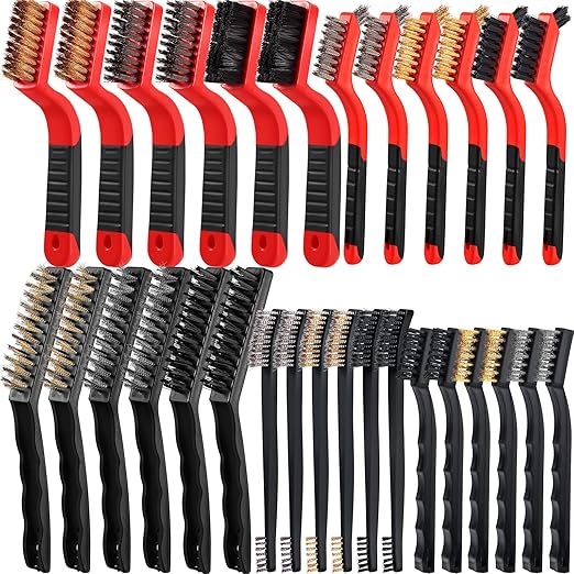 Sumind 30 Pcs Wire Cleaning Brush Set Nylon/ Stainless Steel/ Brass Metal Brush with Curved Handle Grip Paint Remover for Cleaning, Rust, Drill, Scrub, Grout Cleaner Tool (Red and Black)