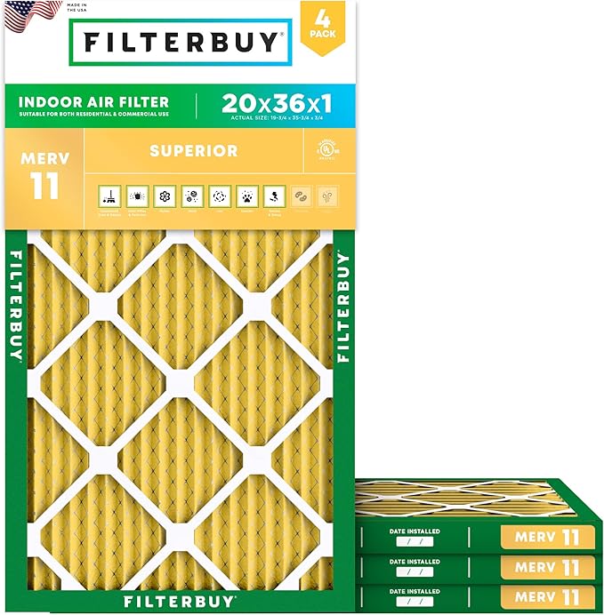 Filterbuy 20x36x1 Air Filter MERV 11 (MPR 1200) Allergen Defense Replacement (4-Pack), Electrostatic Pleated HVAC AC Furnace Filters, Made in USA (Actual Size: 19.75 x 35.75 x 0.75)
