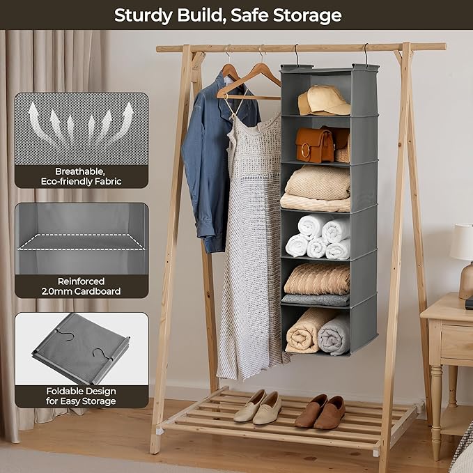 GRANNY SAYS 6 Shelf Hanging Closet Organizers and Storage, Collapsible Closet Hanging Organizer with 2 Sturdy Hooks, Large Hanging Shelves for Closet, Bedroom, Dark Gray