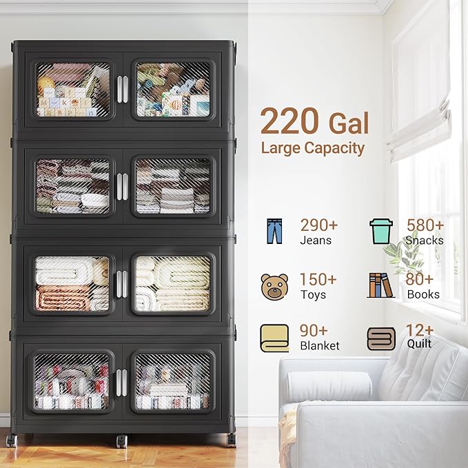 BROVIEW 880 Qt Stackable Storage Bin with Lid, 220Gal Extra Large Collapsible Storage Boxes, Folding Plastic Drawer, Heavy-Duty Store Cabinet, Closet Organizer for Home Kitchen, 4 Pack Black