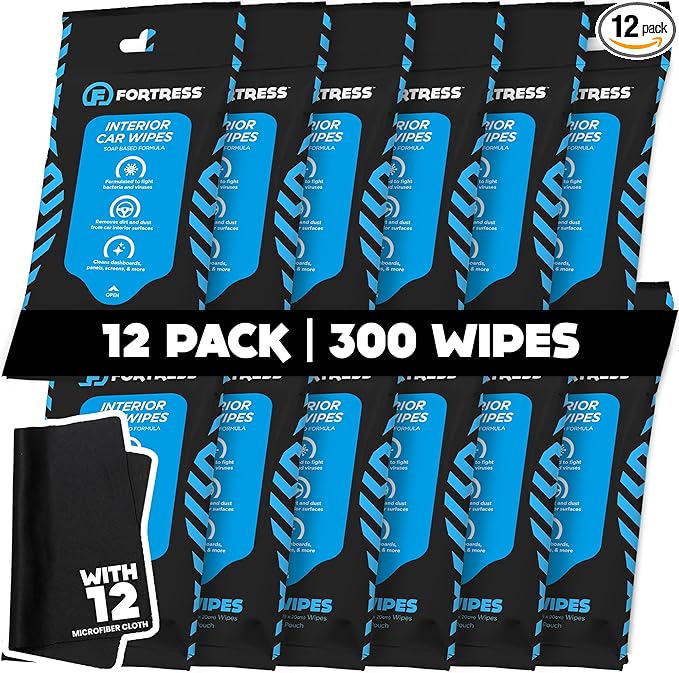 Fortress Car Interior Wipes with Microfiber Cloth (25 ct, Pack of 12) for Car Interior Cleaning, Dashboard, Seats, Detailing, and Steering Wheel [Travel Size] Skin-Safe Car Interior Cleaner Supplies