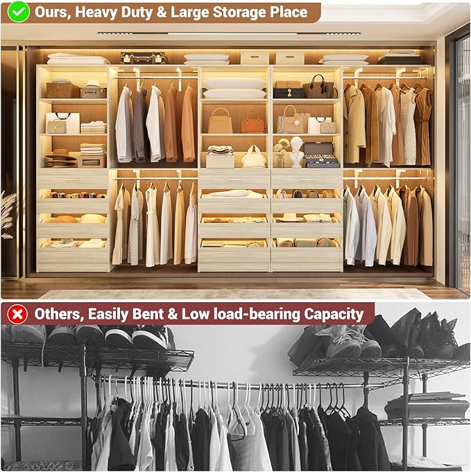 Aheaplus Closet System Set of 3, 138.5" Wood Closet Organizer System Tower with 12 Drawers & 4 Hanging Rods, 6.7+4.85Ft L Shaped Walk-in Closets Wardrobe Organizer Garment Rack with Shelves, White Oak