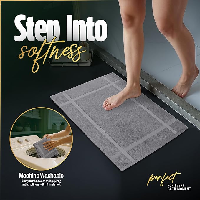 Pearl Linens Pack of 6 Washable Cotton Bath Mat 18x25 - Soft & Absorbent Quick Dry Bathroom Mat Set, Not Bathroom Rugs After Shower Mat, Terry Bath Tub Mat, 687 GSM Light Grey
