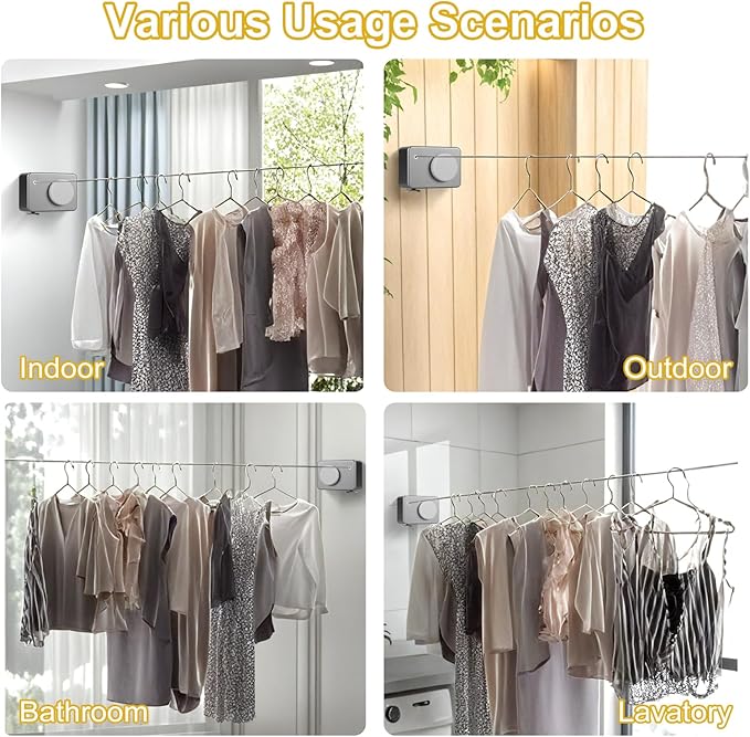 Retractable Clothesline Indoor/Outdoor, Anti-Sag for Drying Clothes Line Retracting Indoor/Outdoor, We Equipped This 13.8 Fts Laundry line Retractable with 4 Large Clips