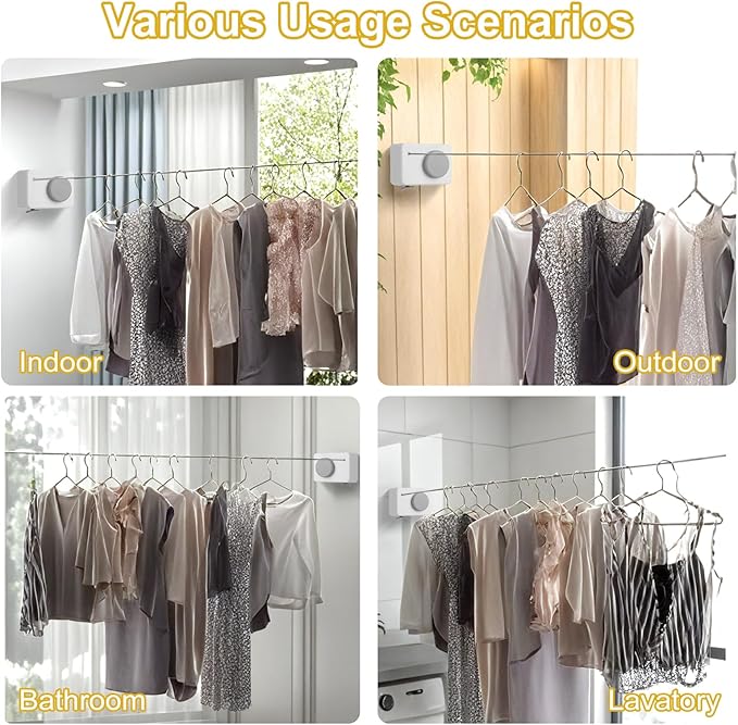 Retractable Clothesline Indoor/Outdoor, Anti-Sag for Drying Clothes Line Retracting Indoor/Outdoor, We Equipped This 13.8 Fts Laundry line Retractable with 4 Large Clips
