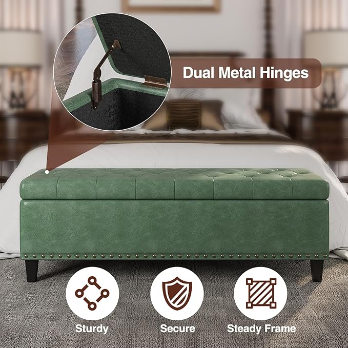 Storage Ottoman Bench, 51-Inch Large Storage Bench for Bedroom End of Bed, 30 Gallons Faux Leather Bench for Bedroom, Living Room, Entryway, Hallway, Green