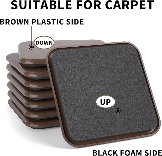 Furniture Sliders, 20 pcs-3 1/2” Square Brown Furniture Sliders for Carpet, Heavy Duty Furniture Movers Sliders, Reusable Furniture Moving Pads, Floor Protectors for Carpet