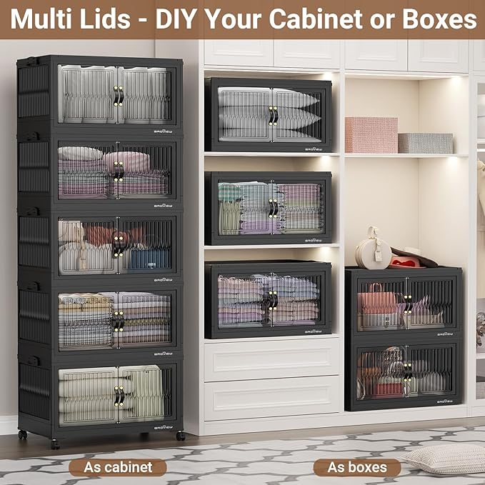 BROVIEW 600Qt Stackable Storage Bins with 5 Lids, Extra Large Closet Organizer Collapsible Drawer Boxes with Wheels, Folding Plastic Cabinet Containers for Home Kitchen Room Organization, 5Pack Black