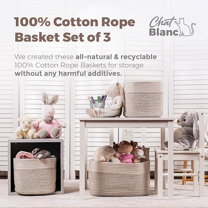 CHAT BLANC Cotton Rope Baskets for Organizing | 15”x10”x9” Storage Baskets for Shelves | Small Laundry Woven Baskets for Storage, Dog Toy Bin, Baby Basket,Off White&Brown 3 Pack