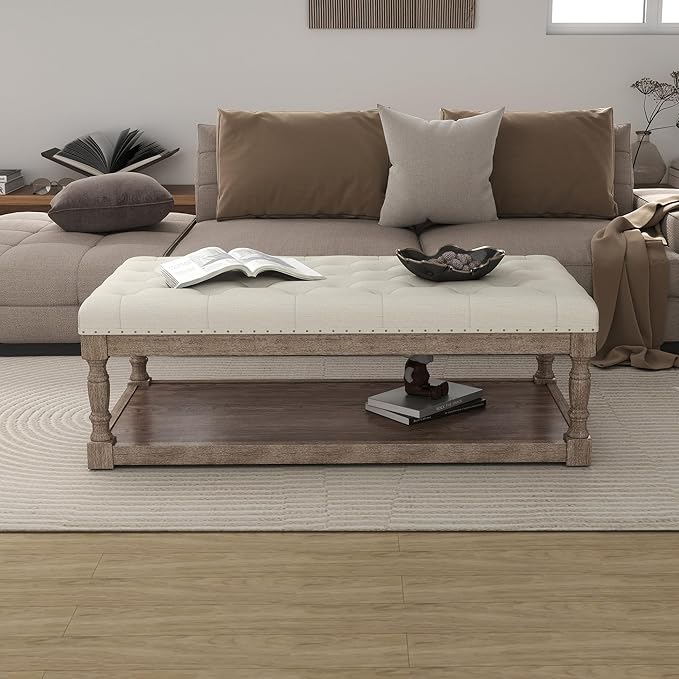 48" Large Ottoman with Storage Coffee Table, Upholstered Tufted Linen Ottoman Bench with Solid Wood Shelf for Living Room, Bedroom, Holds 250lbs (Ivory)