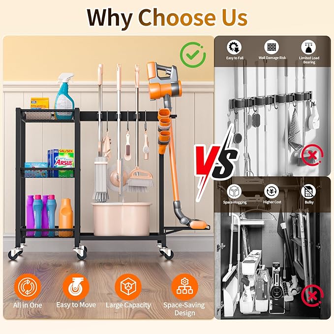 Cleaning Supplies Organizer with Broom Holder Load 350 LBS Cleaning Cart with Wheels Broom Closet Storage with 3-Tier Shelves, 6 Mop Hanger Grippers, 3 Double-Hooks, Vacuum Stand for Laundry Garage