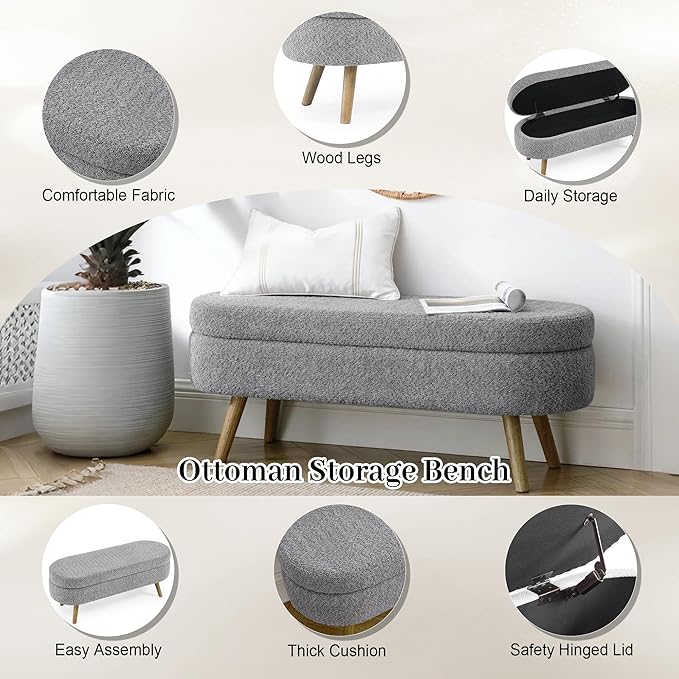 Storage Bench, 43" Storage Ottoman Bench, Shoe Storages Benches for Bedroom, Upholstered Entryway Benches with Seating, Rubber Wood Legs for Bedroom, Living Room, Entryway, Bed Side, Dark Gray