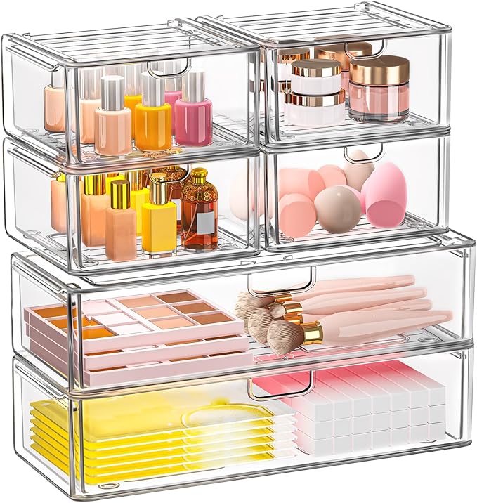 Acrylic Storage Drawers Set of 6, Clear Makeup Organizer, Plastic Organizer Bins for Beauty Supplies,Ideal for Vanity, Bathroom,Cabinet,Pantry Organization