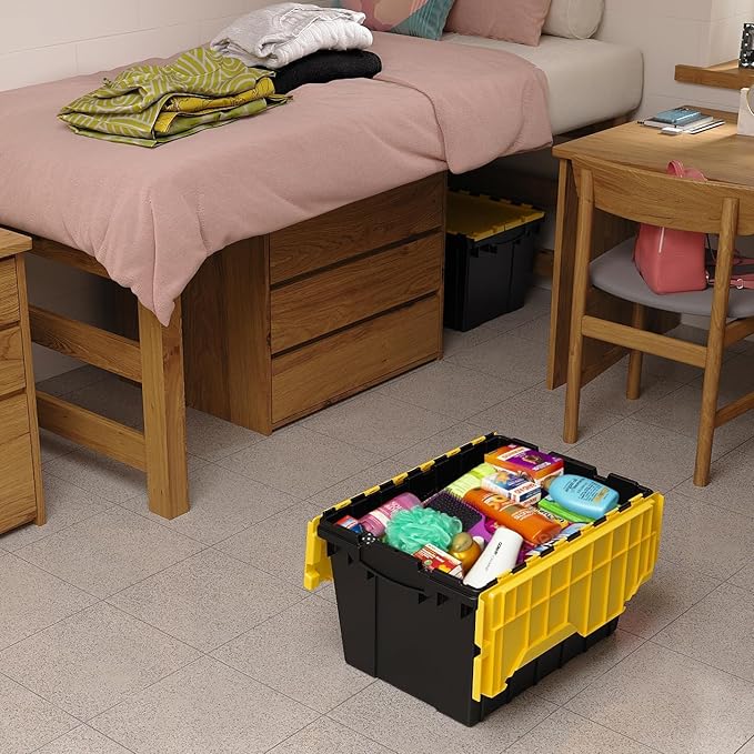 Akro-Mils KeepBox 12 Gallon Storage Container, Nesting and Stackable Plastic Storage Box with Lid Attached, Clear Tote for Garages, Closets, and Moving, 21-1/2" x 15" x 12-1/2", Black/Yellow