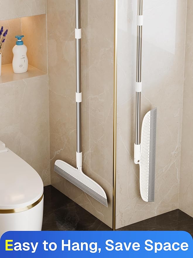 Silicone Floor Squeegee & Broom – Long Handle Hair Remover for Water, Pet Hair – for Bathroom, Tile, Concrete, Garage, Deck, Glass – Indoor Outdoor Cleaning Tool – White (15.7 inch)