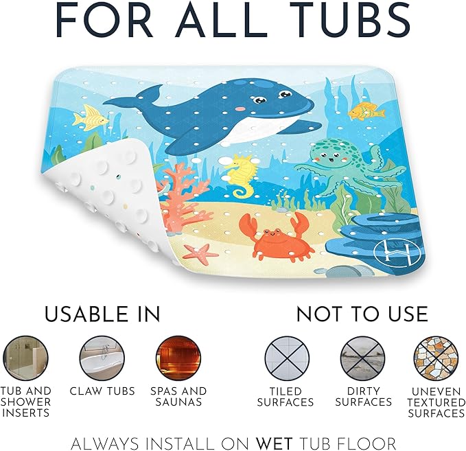 Homerella Anti Slip Shower Mat | Anti Mold Non Slip Bathtub Mat for Inside Shower | Square Floor Shower Mat 21 x 21 inch with Suction Cups for Grip & Hooks Hanging and Quick Drying | Machine Washable