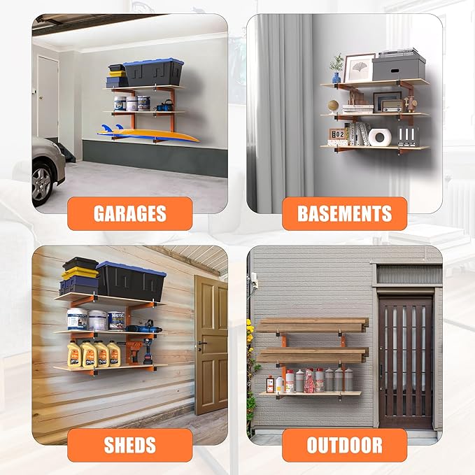 Lumber Rack Wall-Mounted Lumber Storage Rack, Heavy Duty Wood Storage Racks with 9-Level System, 1980 LB Sturdy Garage Wood Organizer, Orange Lumber Metal Racks for Indoor and Outdoor (6 Pack)