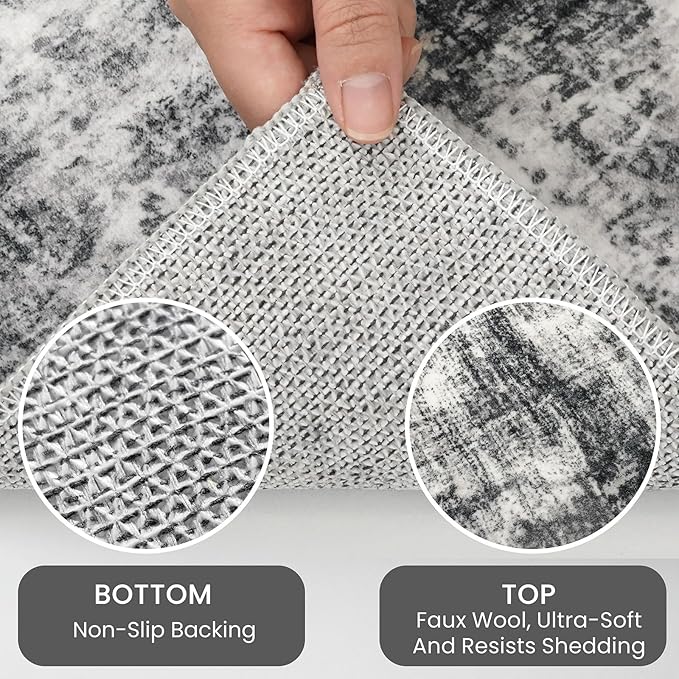 IOHOUZE Modern Abstract Area Rugs 6x9 Ft Washable Rugs for Living Room, Non Slip Dining Room Rug, Printed Faux Wool Rugs for Bedroom, Floor Carpet for Office Nursery Playroom, Black Grey