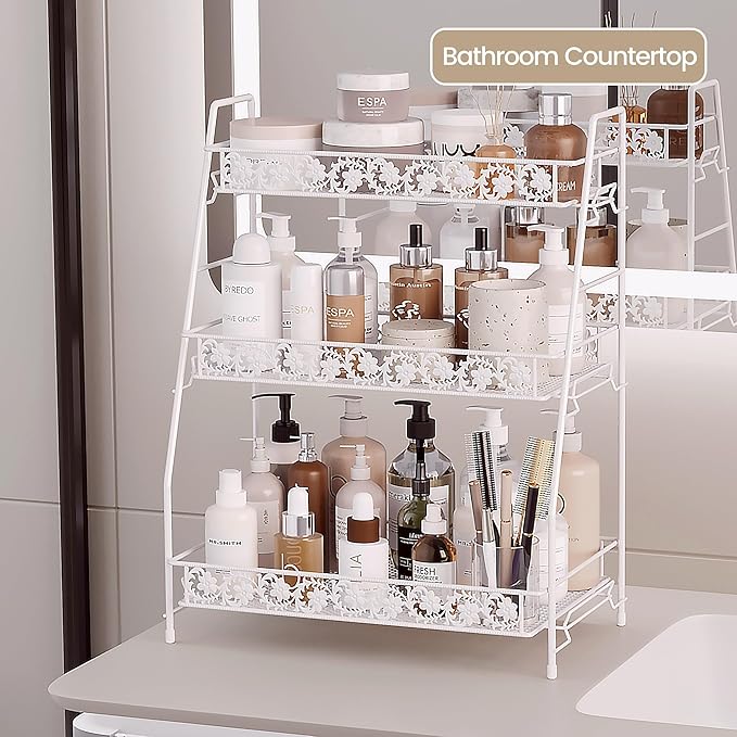 3-Tier Large Size Storage Rack,Counter Organiztion for Bathroom Countertop Organizer Shelf for Spice Racks for Kitchen/Sink/Bedroom/Living room/Office/Plant Rack with Two Metal Baskets