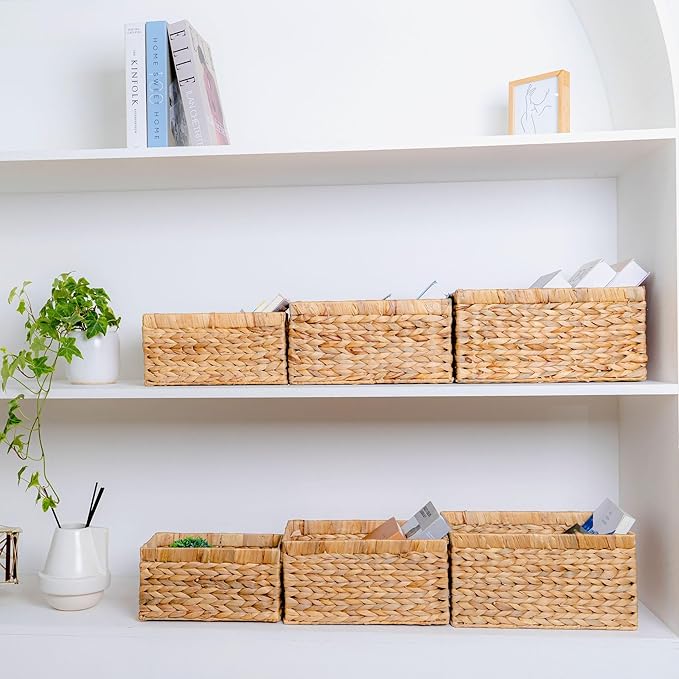 Set of 3 Wicker Storage Baskets for Shelves, Water Hyacinth Storage Baskets, Wicker Baskets for Storage, Kitchen Organizers and Storage Pantry (Set 3 SML)