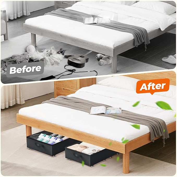 Underbed Storage with Wheels, 2 Pack Under Bed Storage Containers with Clear Lids No Assembly Required, 6.1 inch Rolling Under Bed Storage for Clothes, Shoes