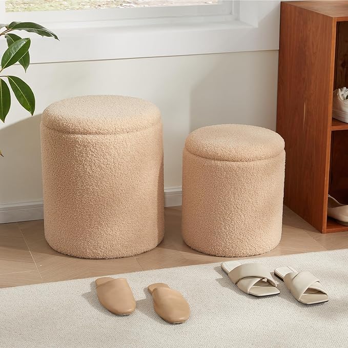 Boucle Round Ottoman with Storage Set of 2,Small Foot Stool Ottoman for Living Room, Small Coffee Table,Vanity Stool with Storage for Bedroom, Beige