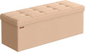 SONGMICS Mazie Collection - Storage Ottoman Bench, 43 Inches Folding Foot Rest Stool, End of Bed Bench, Easy Assembly, for Living Room, Bedroom, Entryway, Apricot Orange ULSF077O01