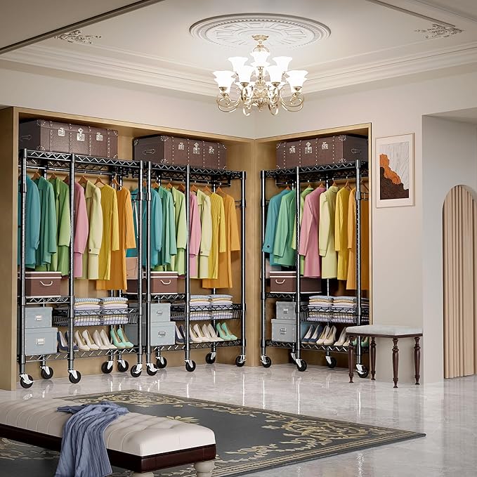 Heavy Duty Rolling Garment Rack 4 Tiers Adjustable Wire Shelving Clothes Rack with Rods and Side Hooks, Storage Closet Clothing Rack with Wheels Black 17.7" D x 47.2" W x 83.6" H