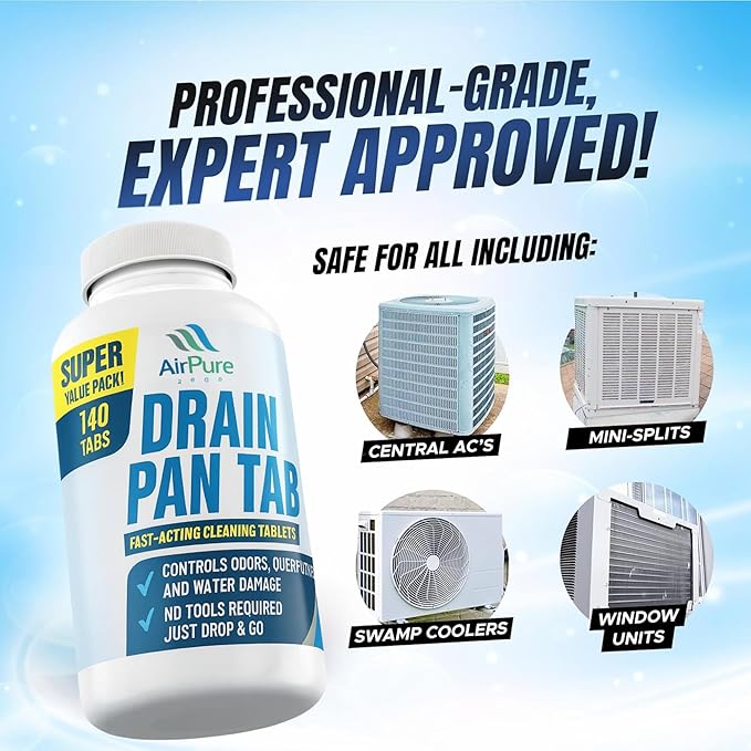 Air Pure Drain Pan Tabs - 140 Flow Treatment Tablets for HVAC & AC Condensate Pan Treatment | Prevents Overflow, Cleans Drain Lines, & Eliminates Odors