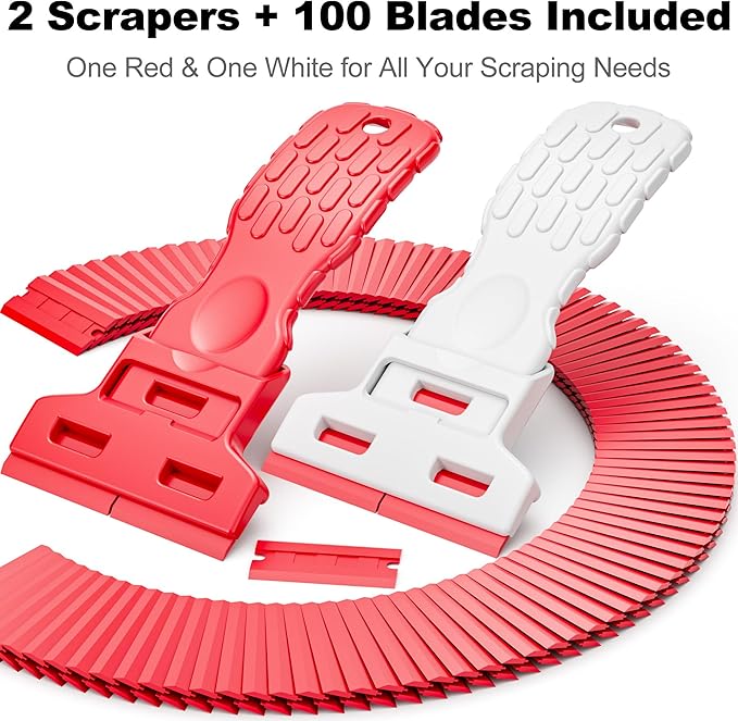 Dual-Width Plastic Razor Blade Scraper Tool Non Scratch - 2-Pack With 100 Blades, Single Or Double Wide Head, Removes Stickers, Labels, Decals, Adhesive & Paint On Glass, Cooktops, Car Windows & Tiles