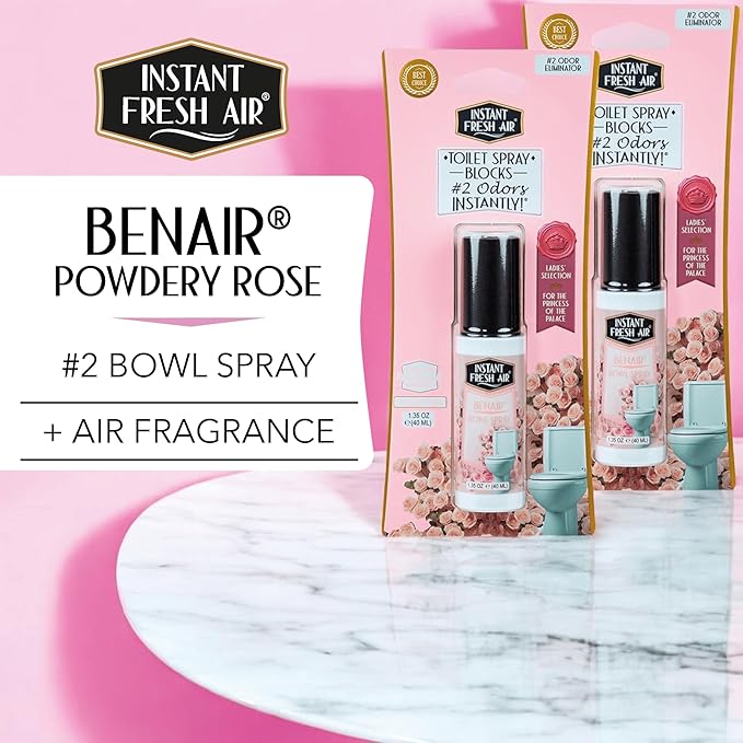 2-Pack: Superior Toilet Spray for Women with Instant Odor Elimination, Powdery Rose Fragrance, Odor Eliminator Bathroom Spray, Travel Size, Long-Lasting, Eco-Friendly, 1.35 Oz. - INSTANT FRESH AIR