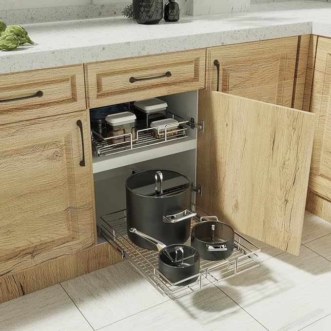 ROOMTEC Pull Out Cabinet Organizer, Single Tier, Black, Kitchen, 9" W x 21" D x 3.5" H, Heavy Duty Slide Out Shelves