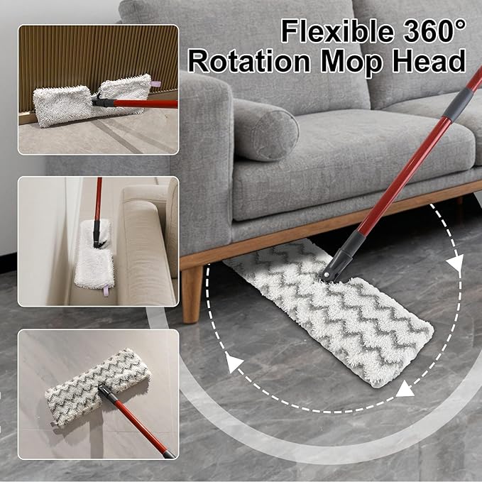 Microfiber Mops for Floor Cleaning, Dust Mop for Hardwood Floors with 2 Heavy Scrub Mop Pads, 2 Microfiber Pads and 4 Section Adjustable 58” Long Handle, Double-Sided Flip Flat Mops for Hardwood