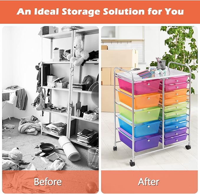 GOFLAME 15-Drawer Rolling Storage Cart, Multipurpose Movable Organizer Cart, Utility Cart for Home, Office, School, Rainbow