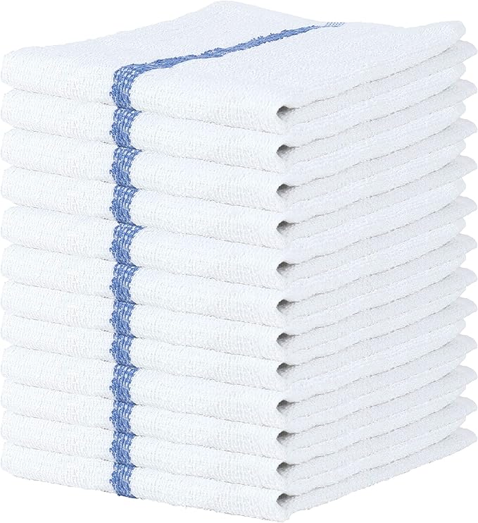 Arkwright Qwick Wick Bar Mop Towels - (Pack of 12) 100% Cotton Quick Dry Dishcloths, Super Absorbent Multipurpose Cleaning Rags for Restaurants, Kitchen, Bathroom, Hotel, 16 x 19 in, Blue Stripe