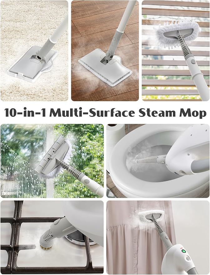 10-in-1 Steam Mop with Detachable Handheld Steamer, Multi & Up Steam Cleaner for Home with 350ml Tank, 10s Heat-Up, 2-Level Control, Lightweight and Multi-Surface Steamer for Floors, Carpets, Tiles