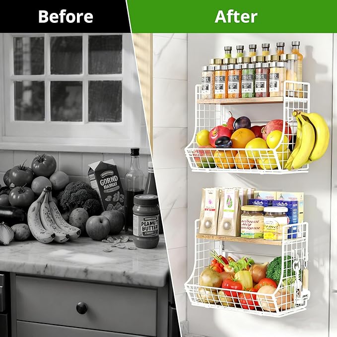 Magnetic Shelf for Fridge with Wood Lid, Fruit Potato and Onion Storage Bins, Pantry Organizers and Storage, Strong Magnetic Spice Rack for Refrigerator, Kitchen Counter and Laundry Room (Large)