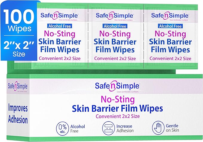 Safe n' Simple No Sting Skin Prep Wipes - 100 Individual Ostomy Barrier Film 2.4" x 2.4" - Skin Barrier Film Wipes for Ostomy - Protective Sting Free Skin Barrier