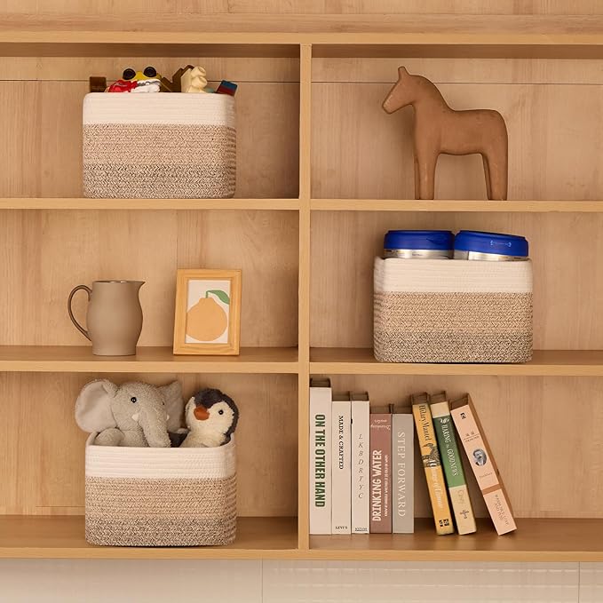 Small Organizing Baskets for Cubes Shelf, 9.7x9.7x7.1 Inch Rope Woven Storage Bins for Nursery Shelves Storage, Cute Toy Basket, Square 3 Packs Gradient Brown