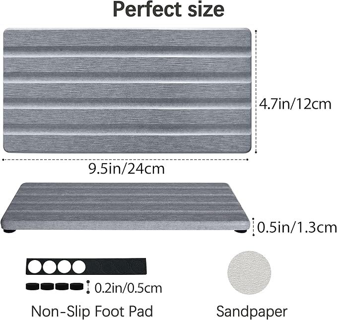 Diatomite Soap Dish, Water Absorbing Stone Tray, Kitchen Sink Organizer, Fast Drying Counter Holder (Grey, 9.5" x 4.7"/24 x 12cm)