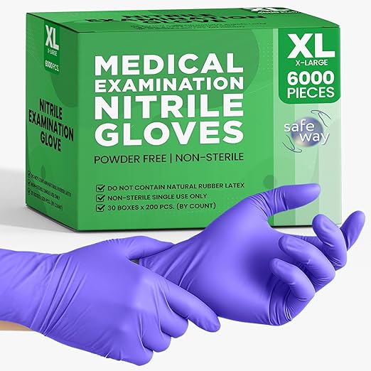 SafeWay Nitrile Disposable Gloves — Multi-Purpose Powder-Free, Non-Latex, Medical Use, and Textured Fingertips for Food Prep, Cleaning, Tattoo, Nursing, Lab, Examination, & More — (6000 pcs, X-Large)