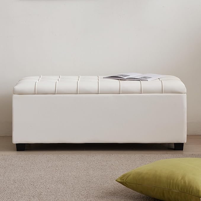Small 38 Inches Long White Ottoman Bench with Storage,Footstool Furniture End of Bed Benches,Faux Leather Ottomans and Seat for Foot Rest in Bedroom, Living Room, Entryway